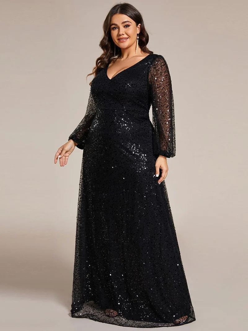 pretty RAYVEN|Robe de soirée grande taille trapèze à paillettes col V manches longues et paillettes