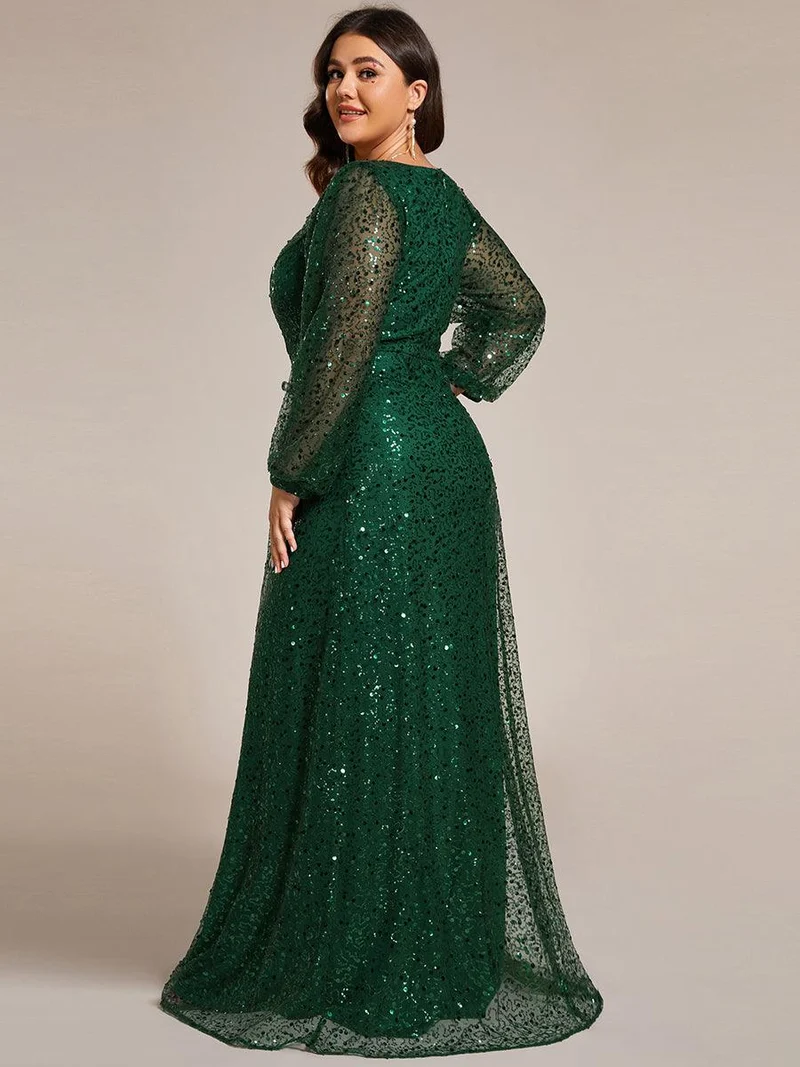 pretty RAYVEN|Robe de soirée grande taille trapèze à paillettes col V manches longues et paillettes