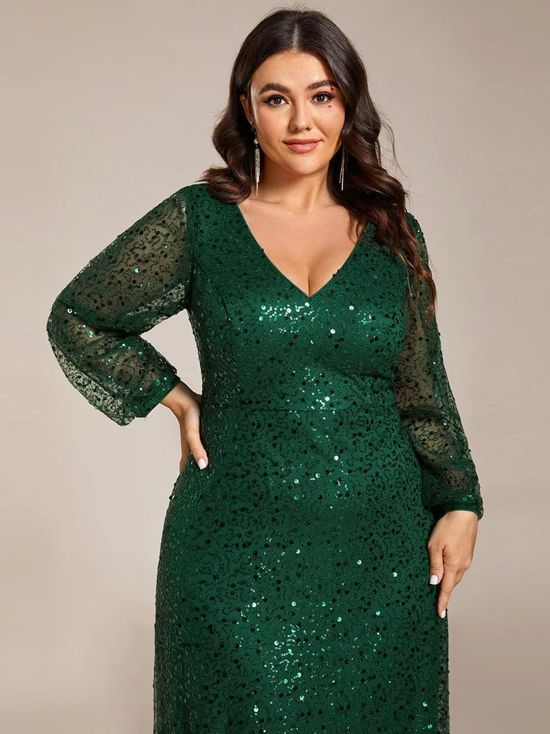 pretty RAYVEN|Robe de soirée grande taille trapèze à paillettes col V manches longues et paillettes