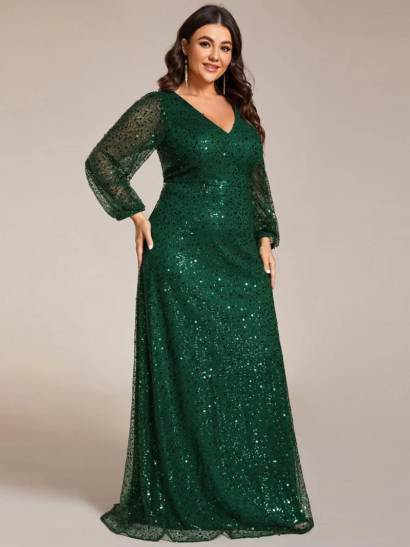 pretty RAYVEN|Robe de soirée grande taille trapèze à paillettes col V manches longues et paillettes
