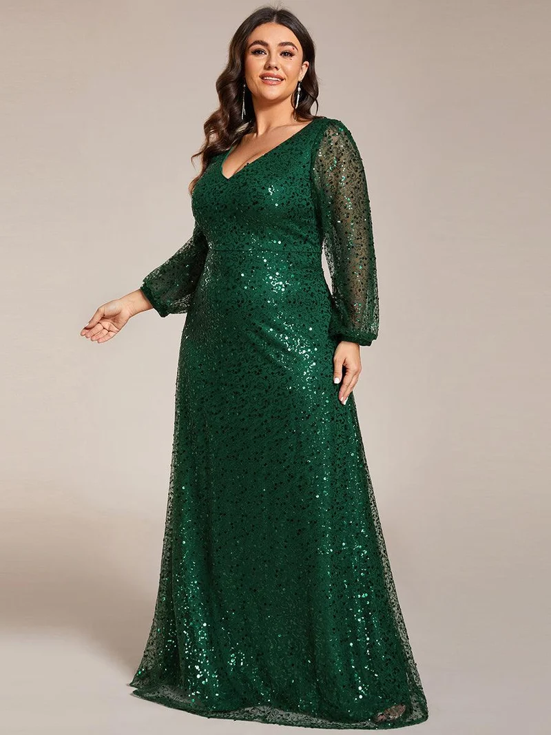 pretty RAYVEN|Robe de soirée grande taille trapèze à paillettes col V manches longues et paillettes