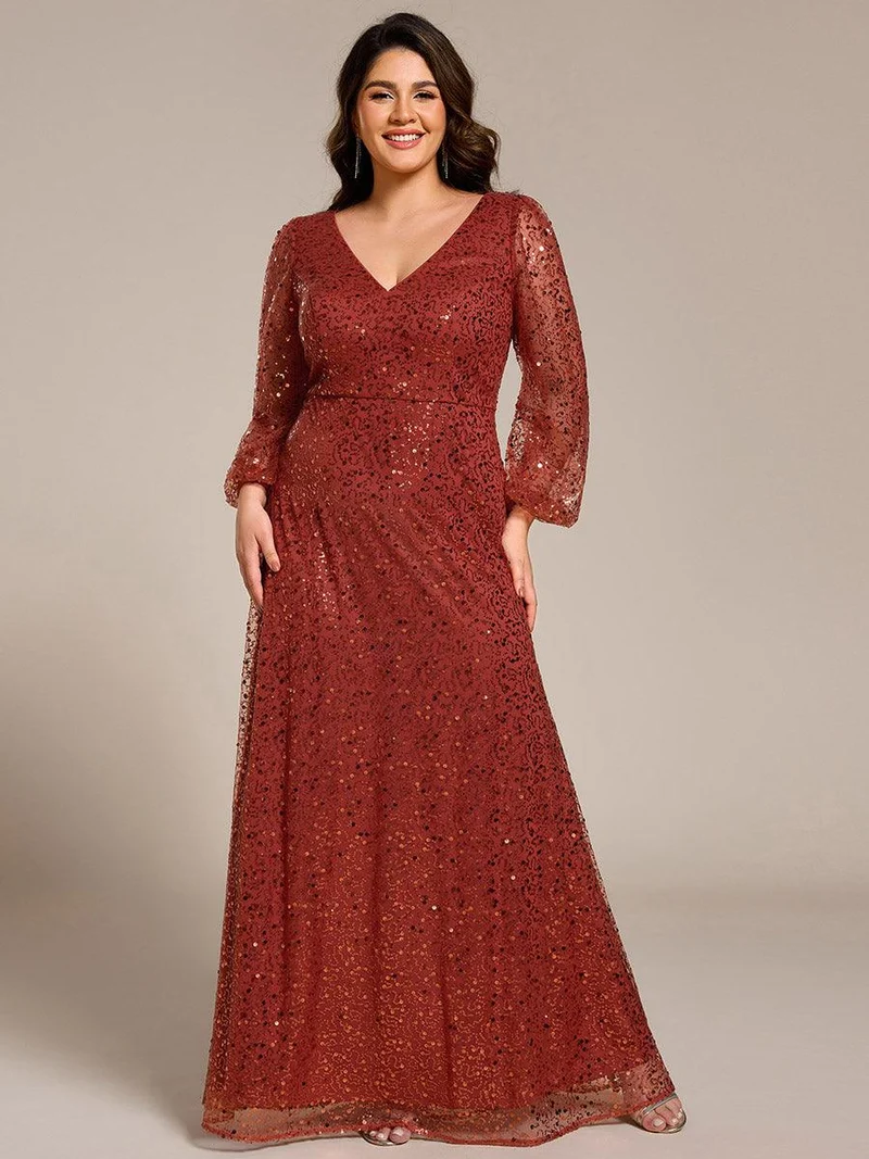 pretty RAYVEN|Robe de soirée grande taille trapèze à paillettes col V manches longues et paillettes