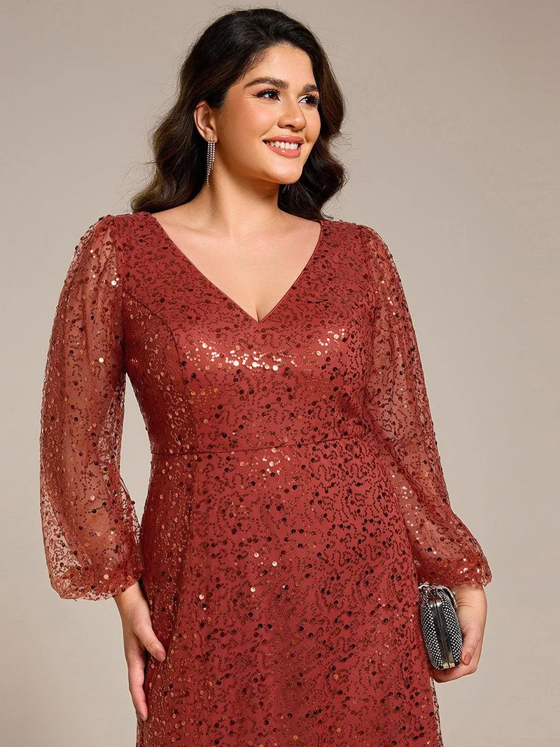 pretty RAYVEN|Robe de soirée grande taille trapèze à paillettes col V manches longues et paillettes