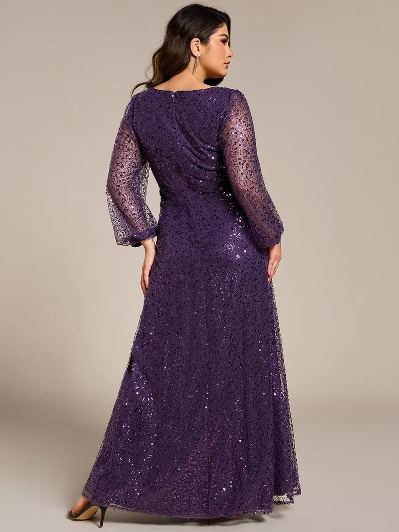 pretty RAYVEN|Robe de soirée grande taille trapèze à paillettes col V manches longues et paillettes