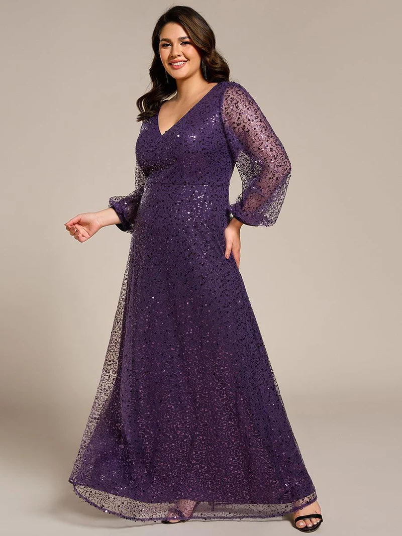 pretty RAYVEN|Robe de soirée grande taille trapèze à paillettes col V manches longues et paillettes