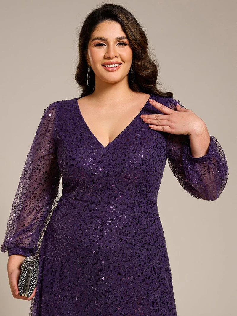 pretty RAYVEN|Robe de soirée grande taille trapèze à paillettes col V manches longues et paillettes