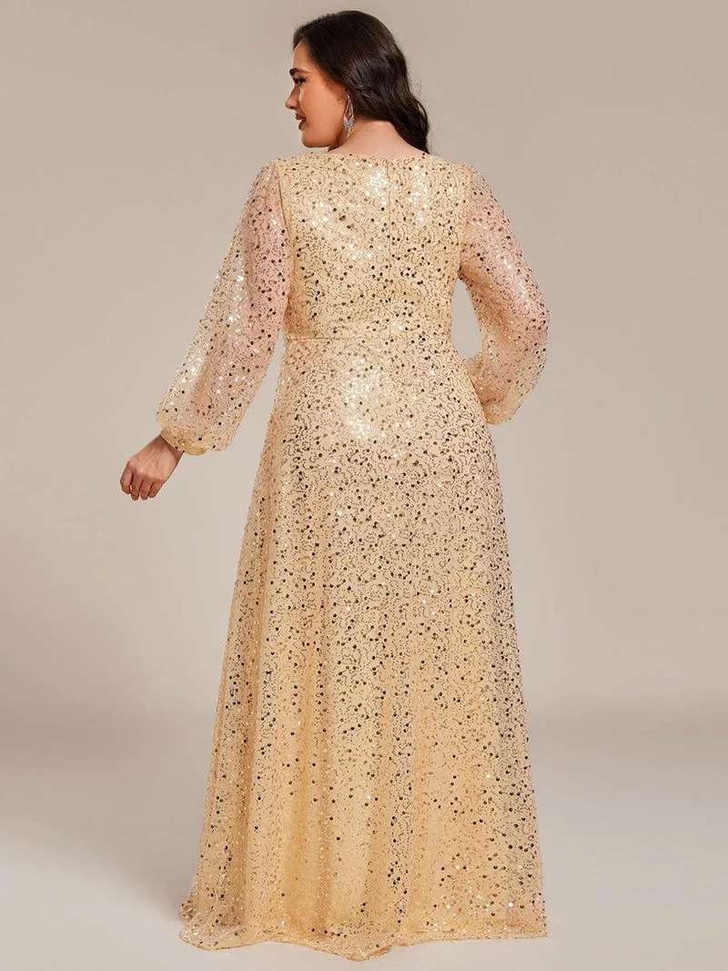 pretty RAYVEN|Robe de soirée grande taille trapèze à paillettes col V manches longues et paillettes