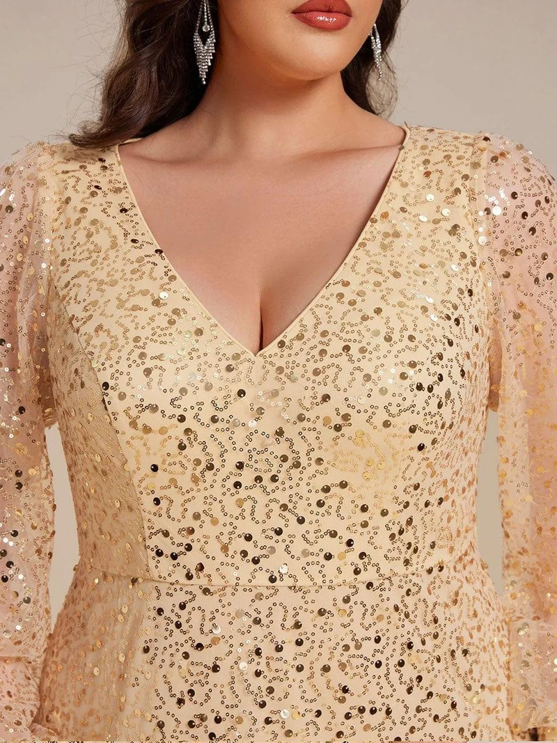 pretty RAYVEN|Robe de soirée grande taille trapèze à paillettes col V manches longues et paillettes