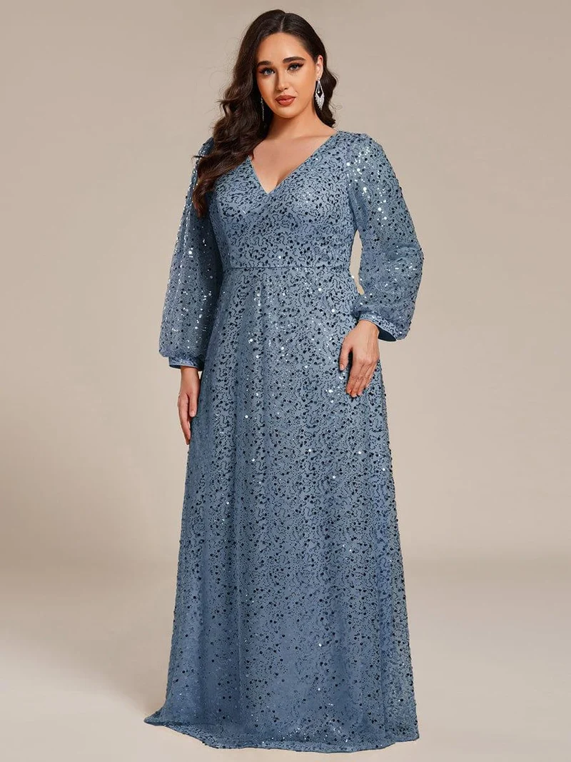 pretty RAYVEN|Robe de soirée grande taille trapèze à paillettes col V manches longues et paillettes