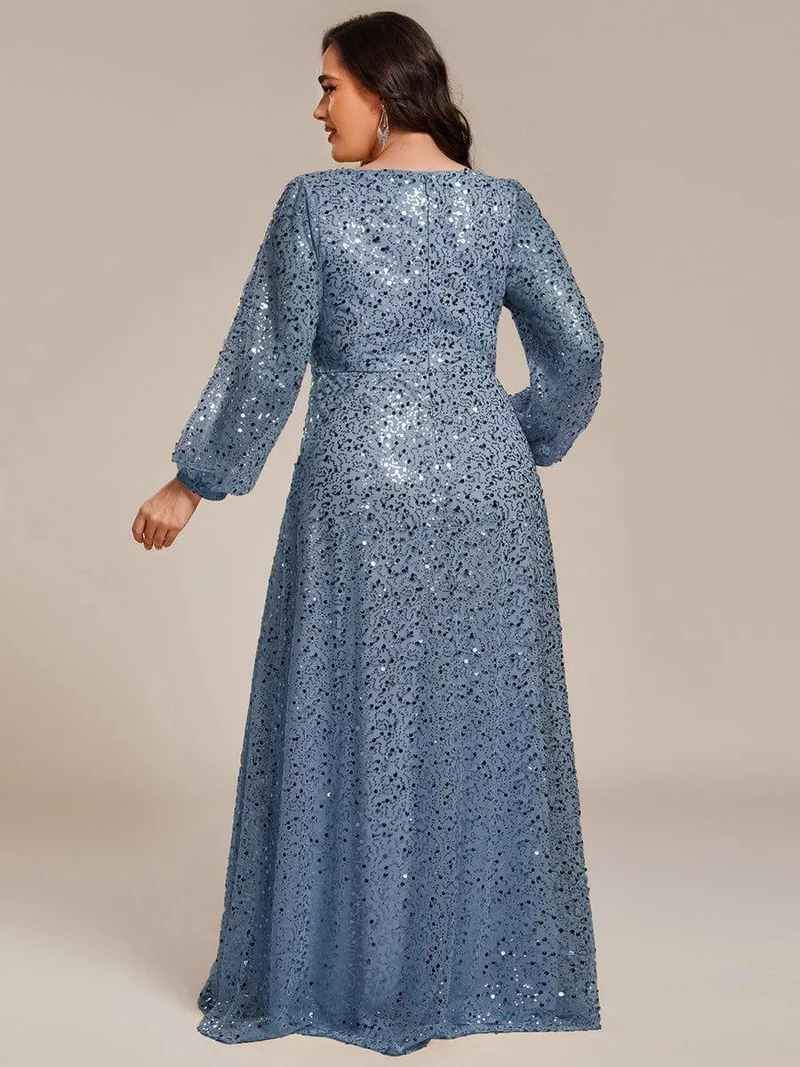 pretty RAYVEN|Robe de soirée grande taille trapèze à paillettes col V manches longues et paillettes