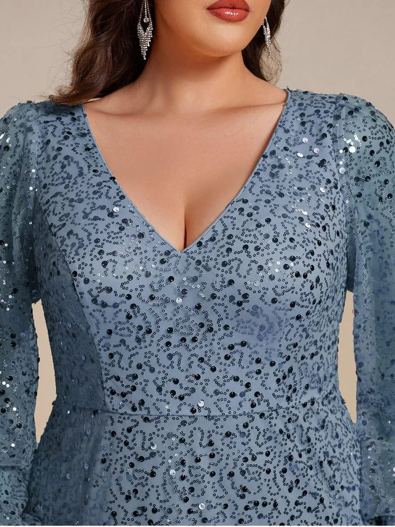 pretty RAYVEN|Robe de soirée grande taille trapèze à paillettes col V manches longues et paillettes