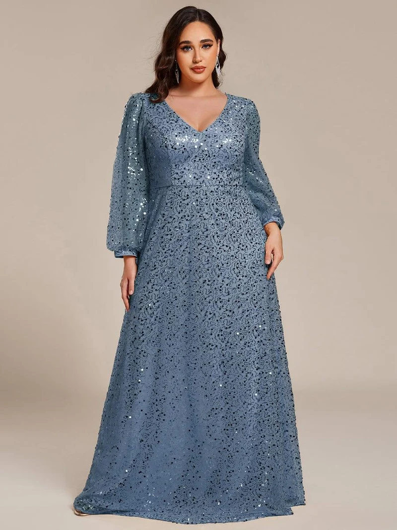 pretty RAYVEN|Robe de soirée grande taille trapèze à paillettes col V manches longues et paillettes