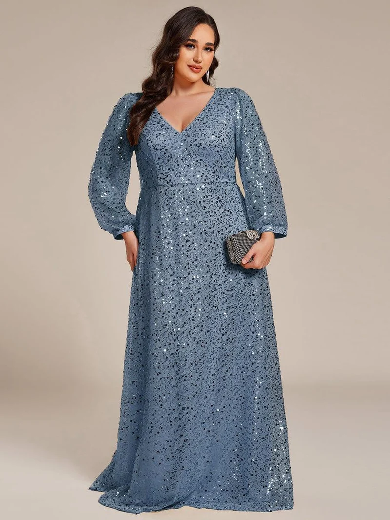 pretty RAYVEN|Robe de soirée grande taille trapèze à paillettes col V manches longues et paillettes