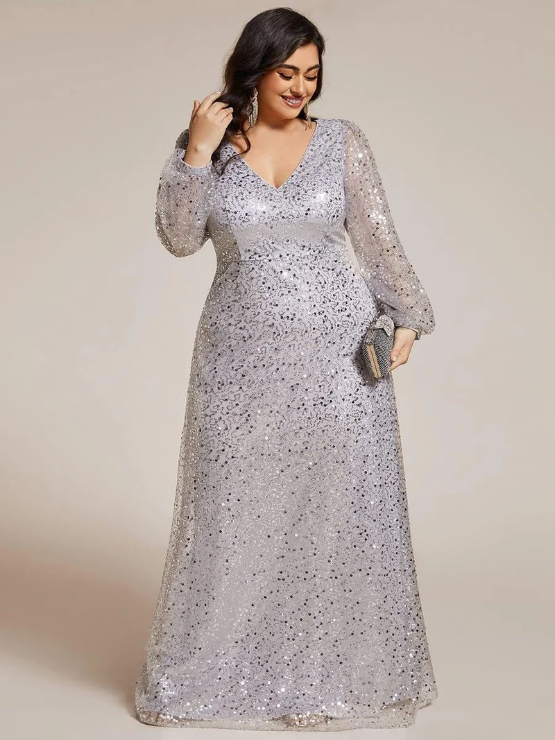 pretty RAYVEN|Robe de soirée grande taille trapèze à paillettes col V manches longues et paillettes
