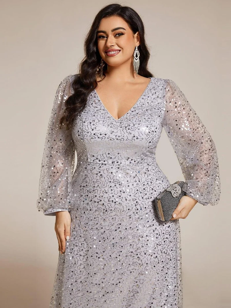 pretty RAYVEN|Robe de soirée grande taille trapèze à paillettes col V manches longues et paillettes