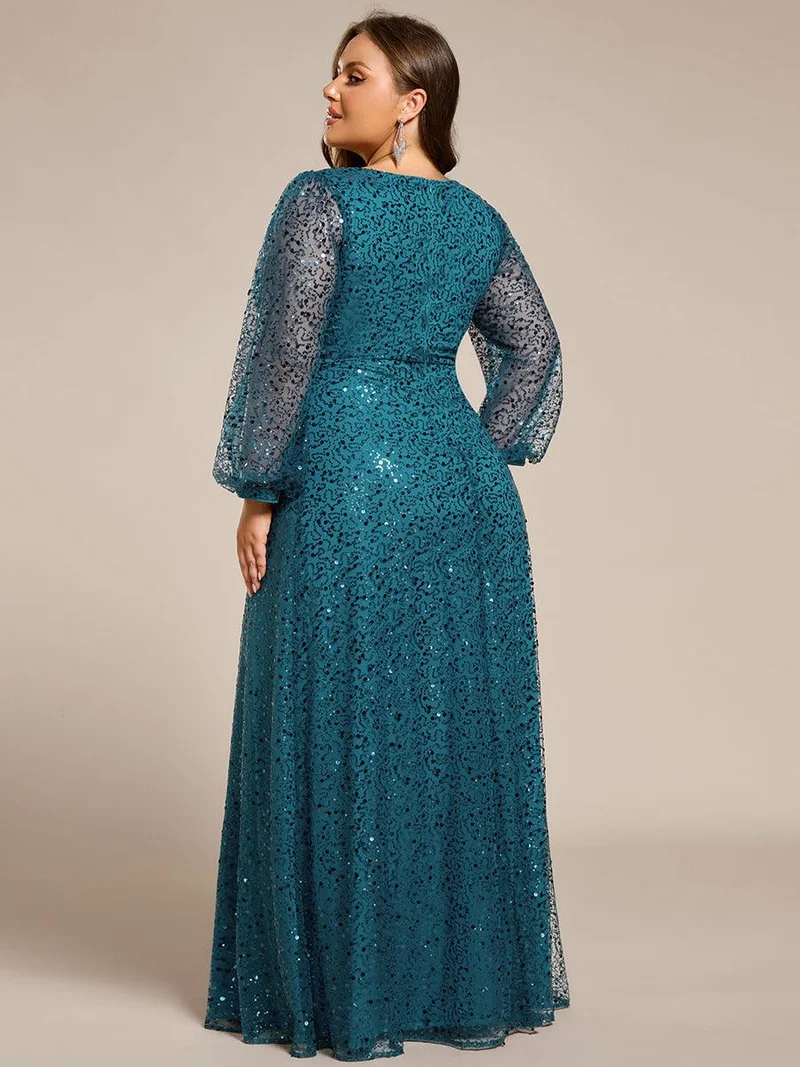 pretty RAYVEN|Robe de soirée grande taille trapèze à paillettes col V manches longues et paillettes
