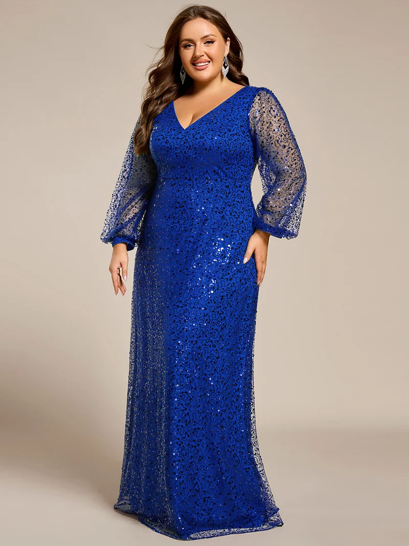 pretty RAYVEN|Robe de soirée grande taille trapèze à paillettes col V manches longues et paillettes