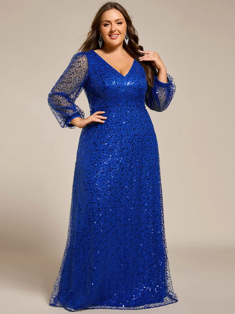 pretty RAYVEN|Robe de soirée grande taille trapèze à paillettes col V manches longues et paillettes