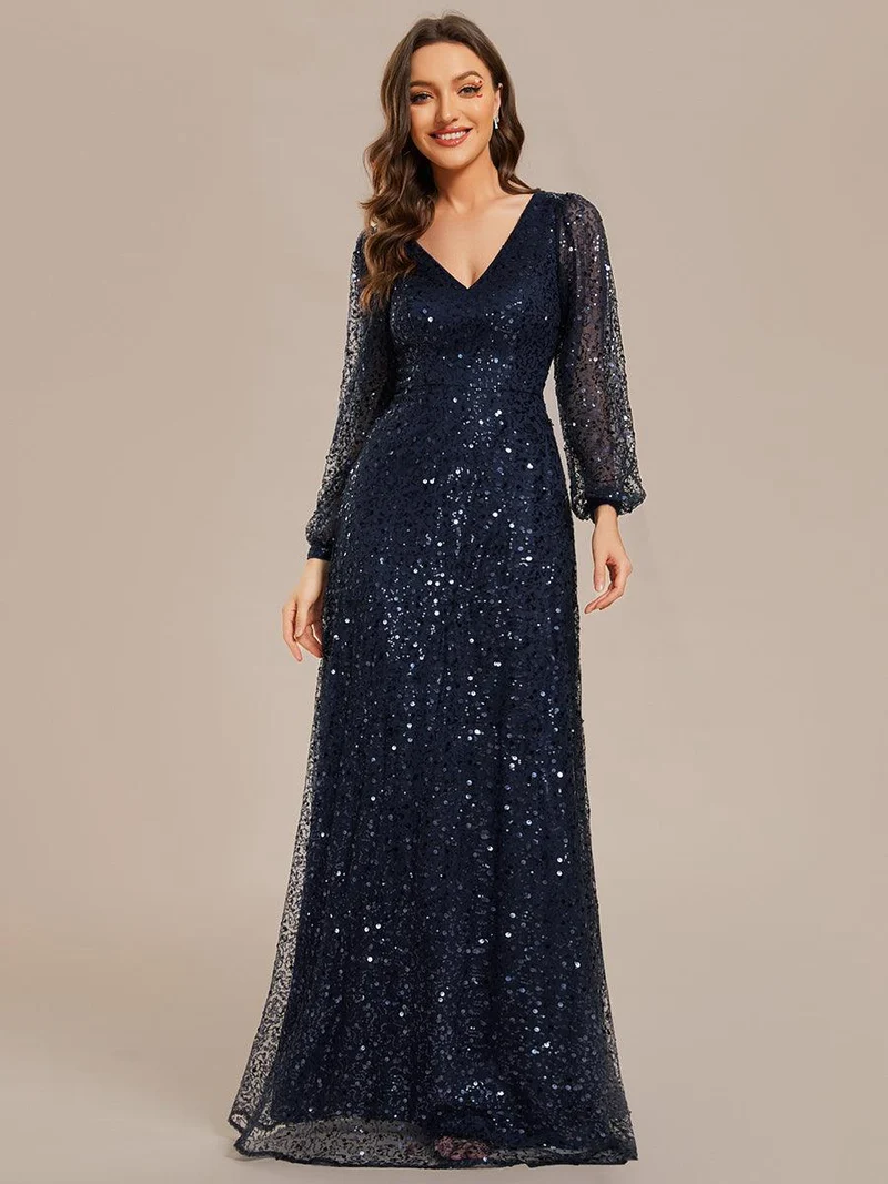ever RAYVEN|Robe de soirée trapèze à paillettes col en V manches longues et paillettes