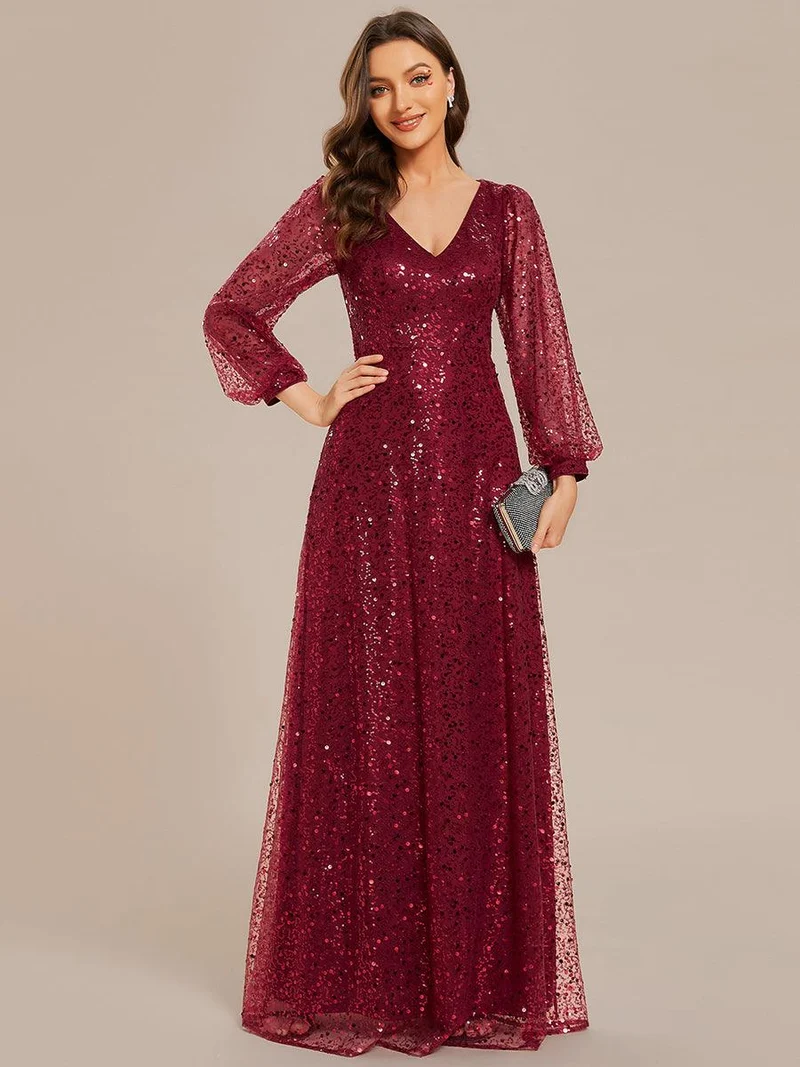 ever RAYVEN|Robe de soirée trapèze à paillettes col en V manches longues et paillettes