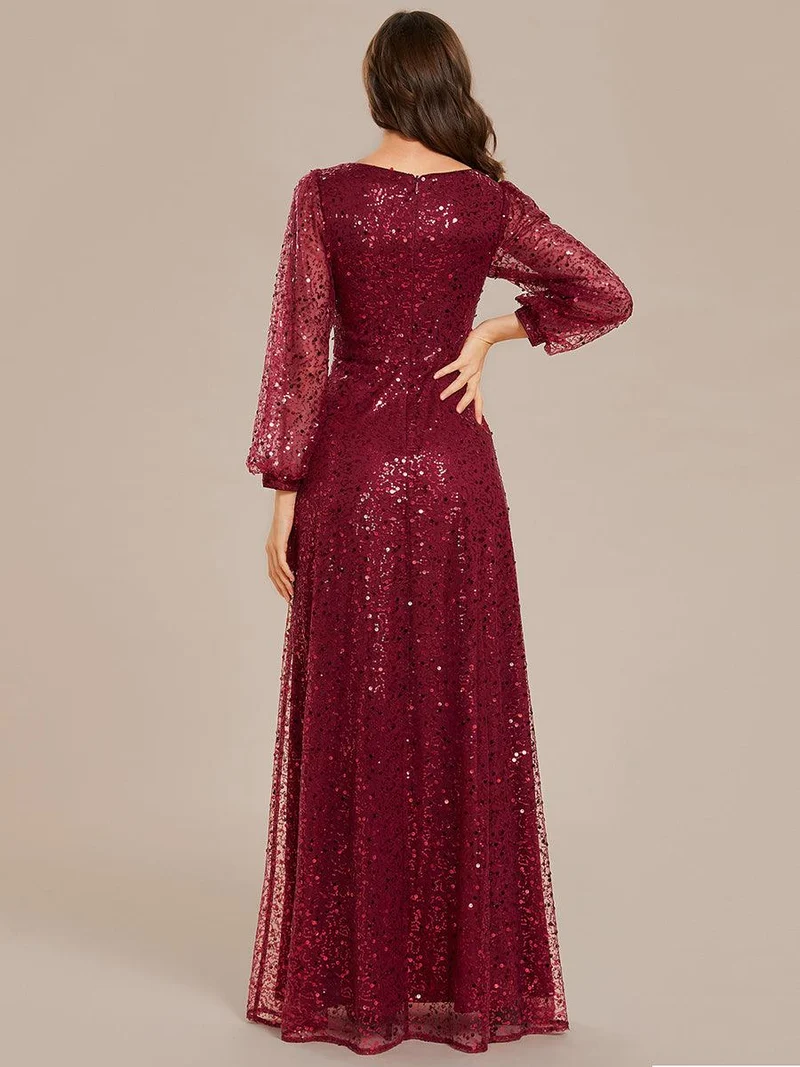 ever RAYVEN|Robe de soirée trapèze à paillettes col en V manches longues et paillettes