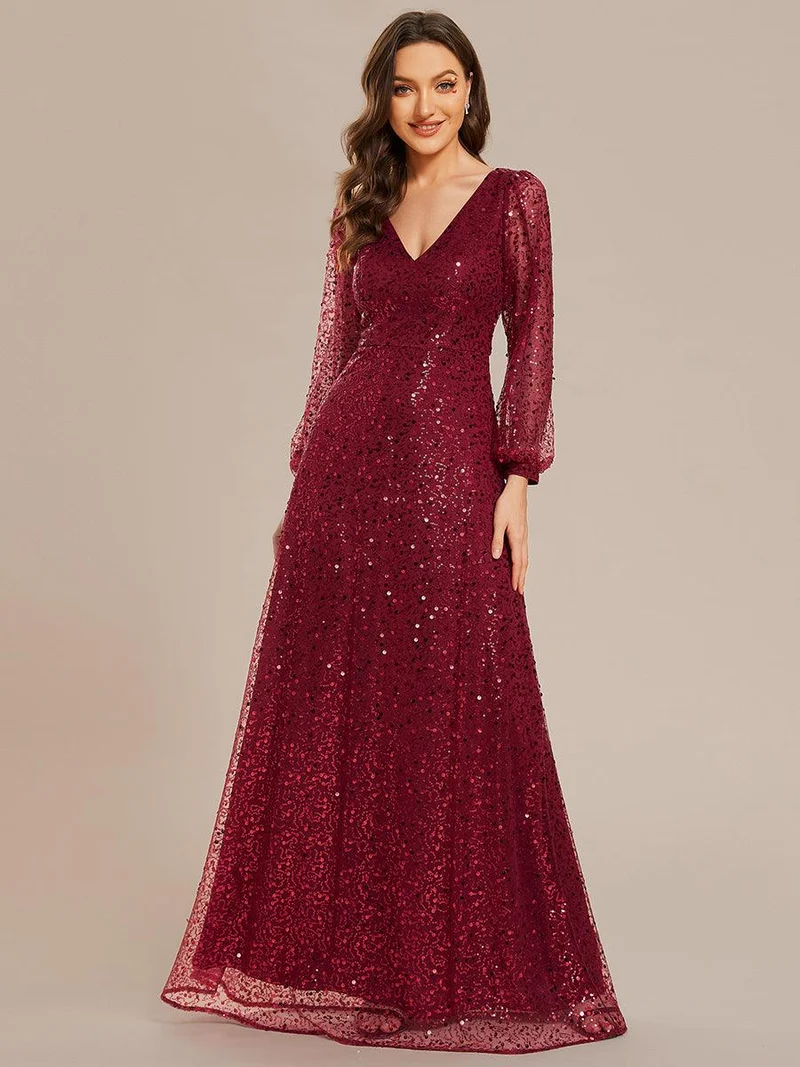 ever RAYVEN|Robe de soirée trapèze à paillettes col en V manches longues et paillettes
