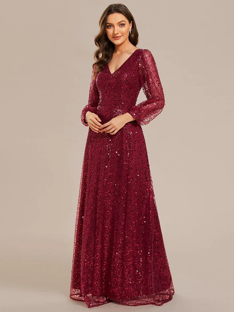 ever RAYVEN|Robe de soirée trapèze à paillettes col en V manches longues et paillettes