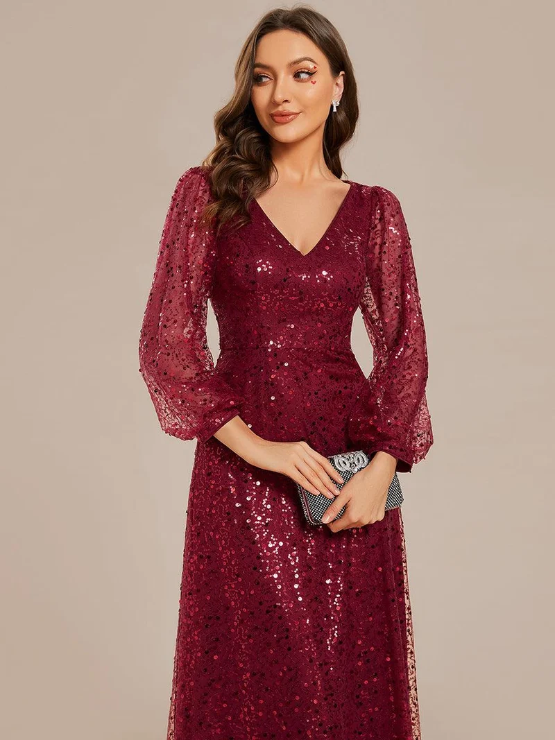 ever RAYVEN|Robe de soirée trapèze à paillettes col en V manches longues et paillettes