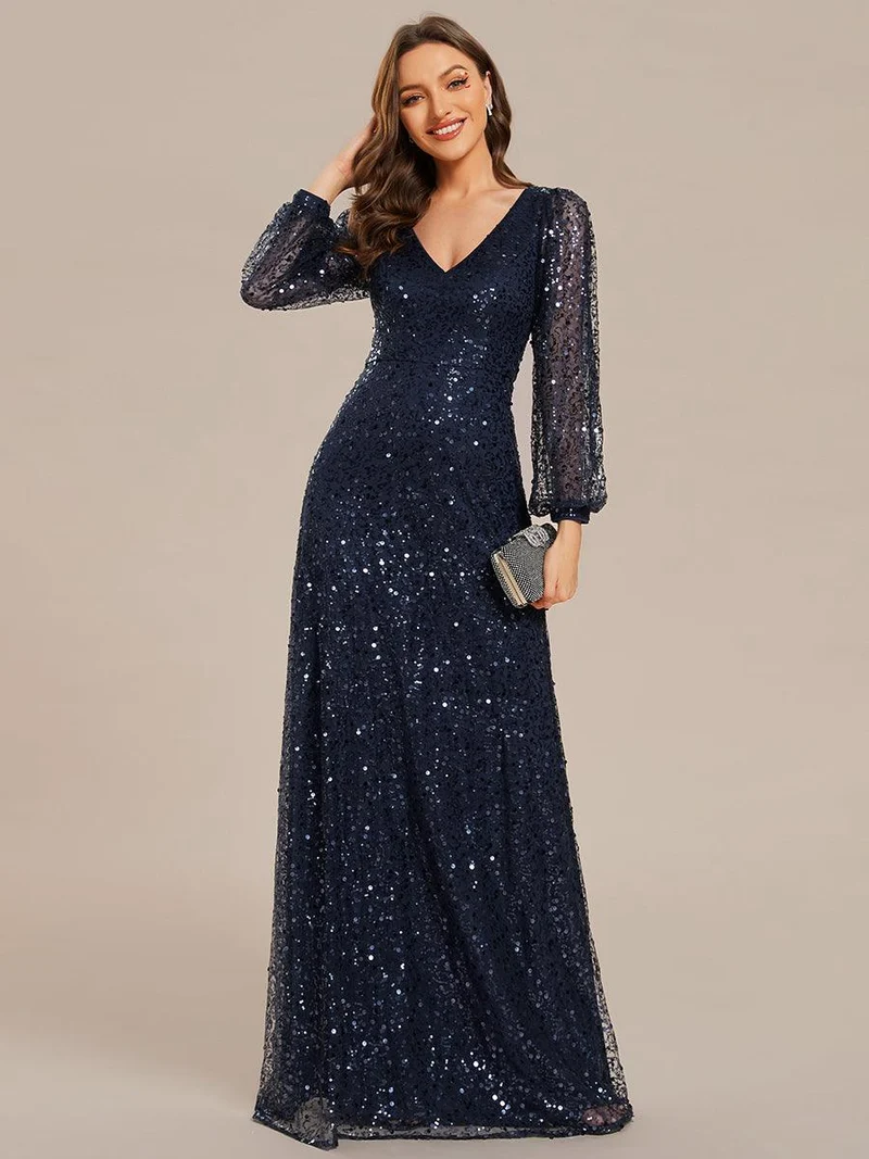 ever RAYVEN|Robe de soirée trapèze à paillettes col en V manches longues et paillettes