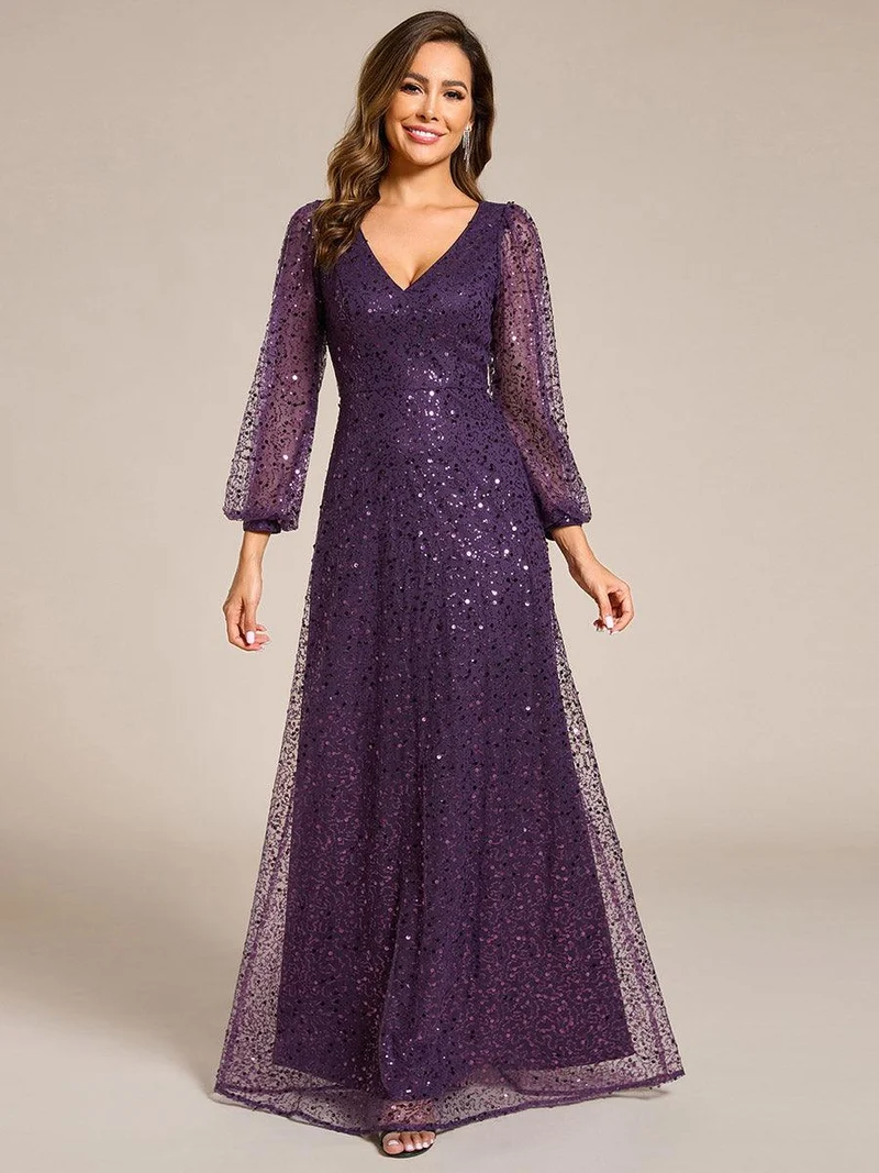 ever RAYVEN|Robe de soirée trapèze à paillettes col en V manches longues et paillettes