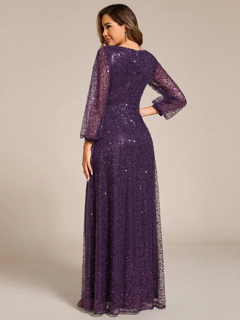 ever RAYVEN|Robe de soirée trapèze à paillettes col en V manches longues et paillettes