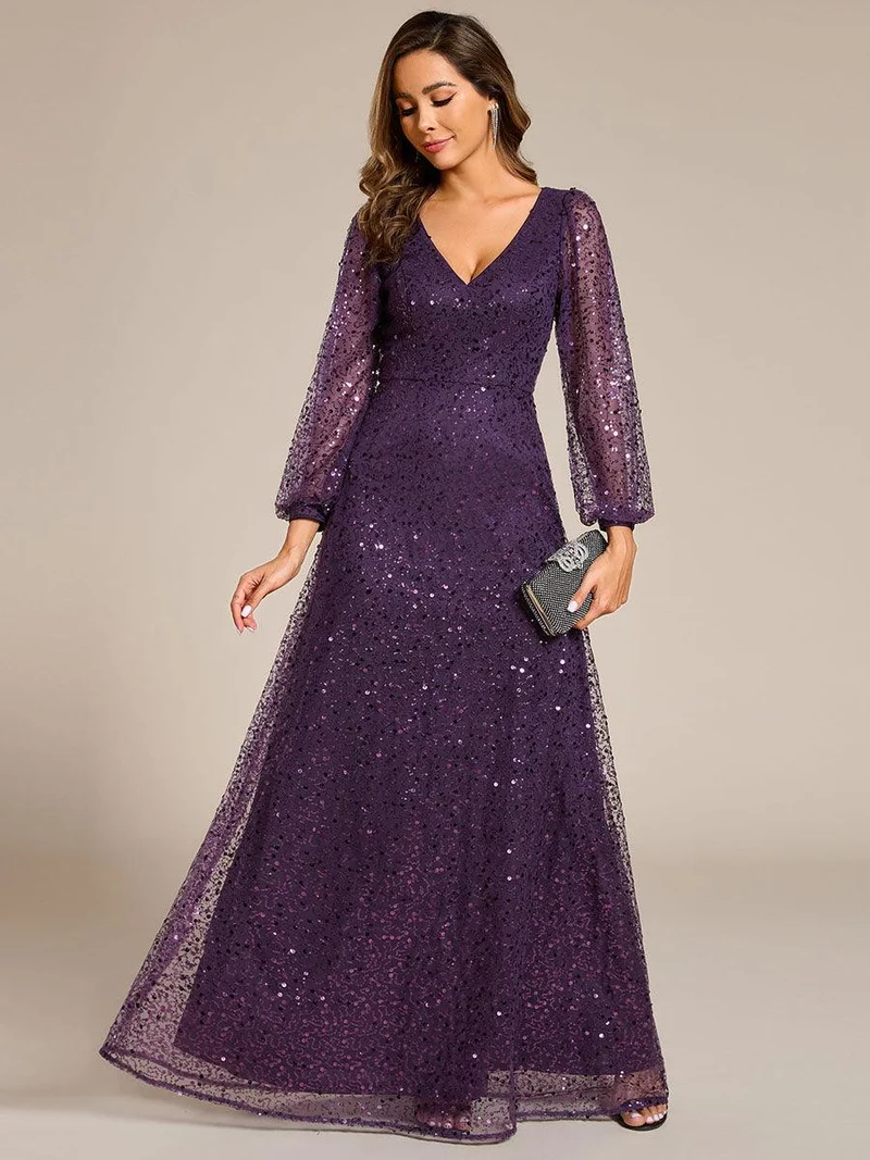 ever RAYVEN|Robe de soirée trapèze à paillettes col en V manches longues et paillettes