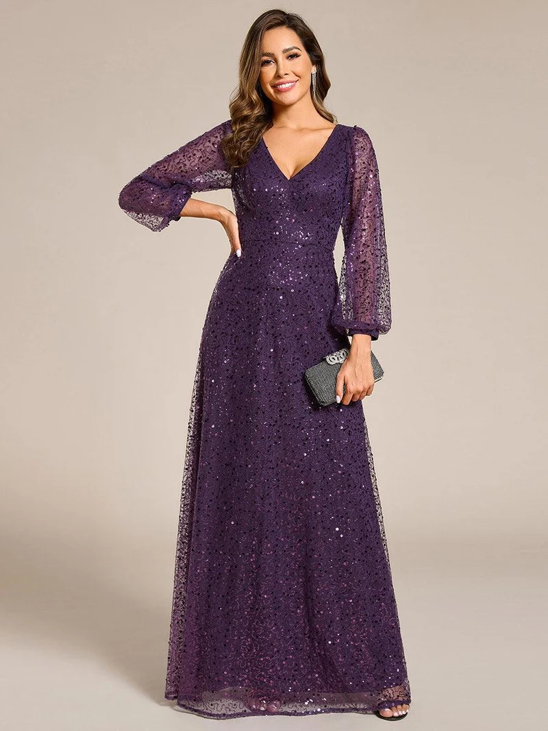 ever RAYVEN|Robe de soirée trapèze à paillettes col en V manches longues et paillettes