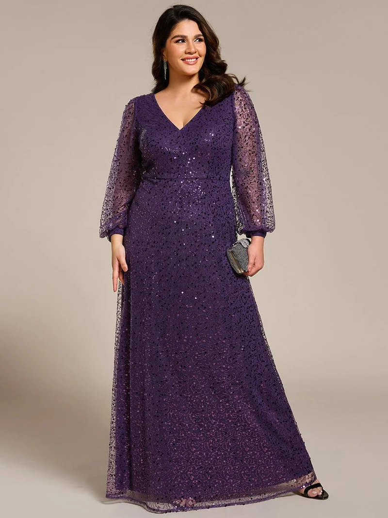 ever RAYVEN|Robe de soirée trapèze à paillettes col en V manches longues et paillettes
