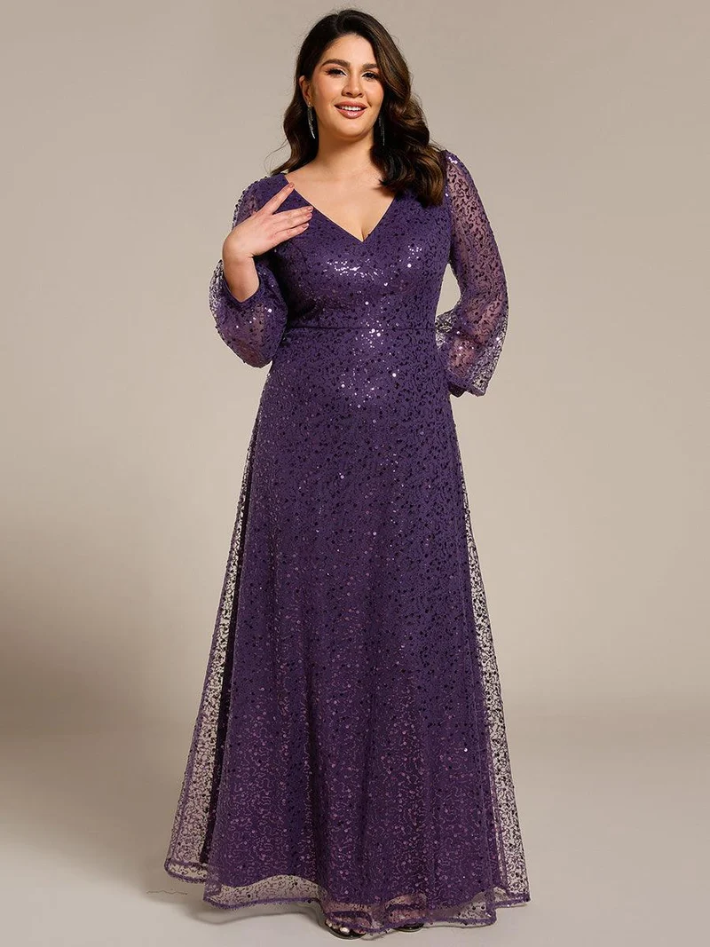ever RAYVEN|Robe de soirée trapèze à paillettes col en V manches longues et paillettes