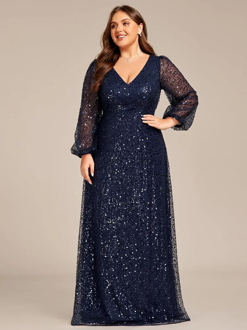 ever RAYVEN|Robe de soirée trapèze à paillettes col en V manches longues et paillettes