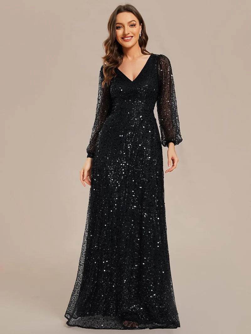 ever RAYVEN|Robe de soirée trapèze à paillettes col en V manches longues et paillettes