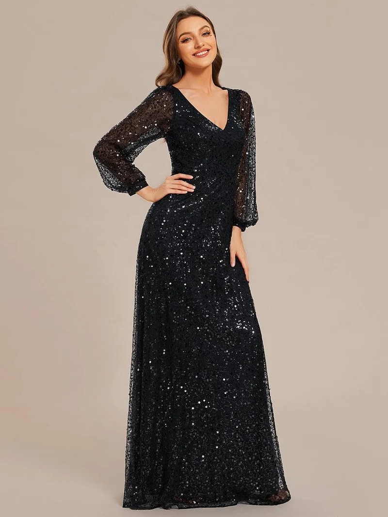 ever RAYVEN|Robe de soirée trapèze à paillettes col en V manches longues et paillettes