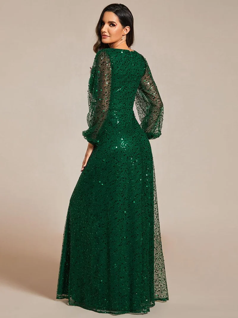 ever RAYVEN|Robe de soirée trapèze à paillettes col en V manches longues et paillettes