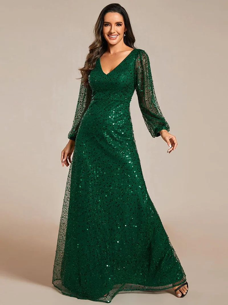ever RAYVEN|Robe de soirée trapèze à paillettes col en V manches longues et paillettes