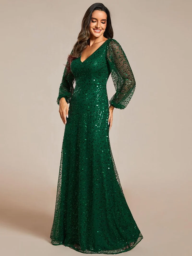 ever RAYVEN|Robe de soirée trapèze à paillettes col en V manches longues et paillettes