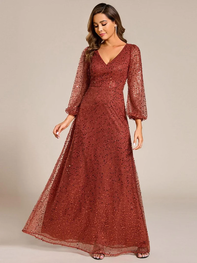 ever RAYVEN|Robe de soirée trapèze à paillettes col en V manches longues et paillettes