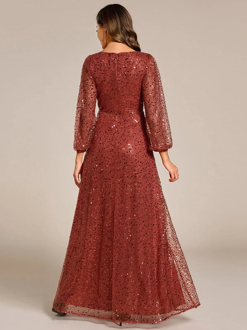 ever RAYVEN|Robe de soirée trapèze à paillettes col en V manches longues et paillettes