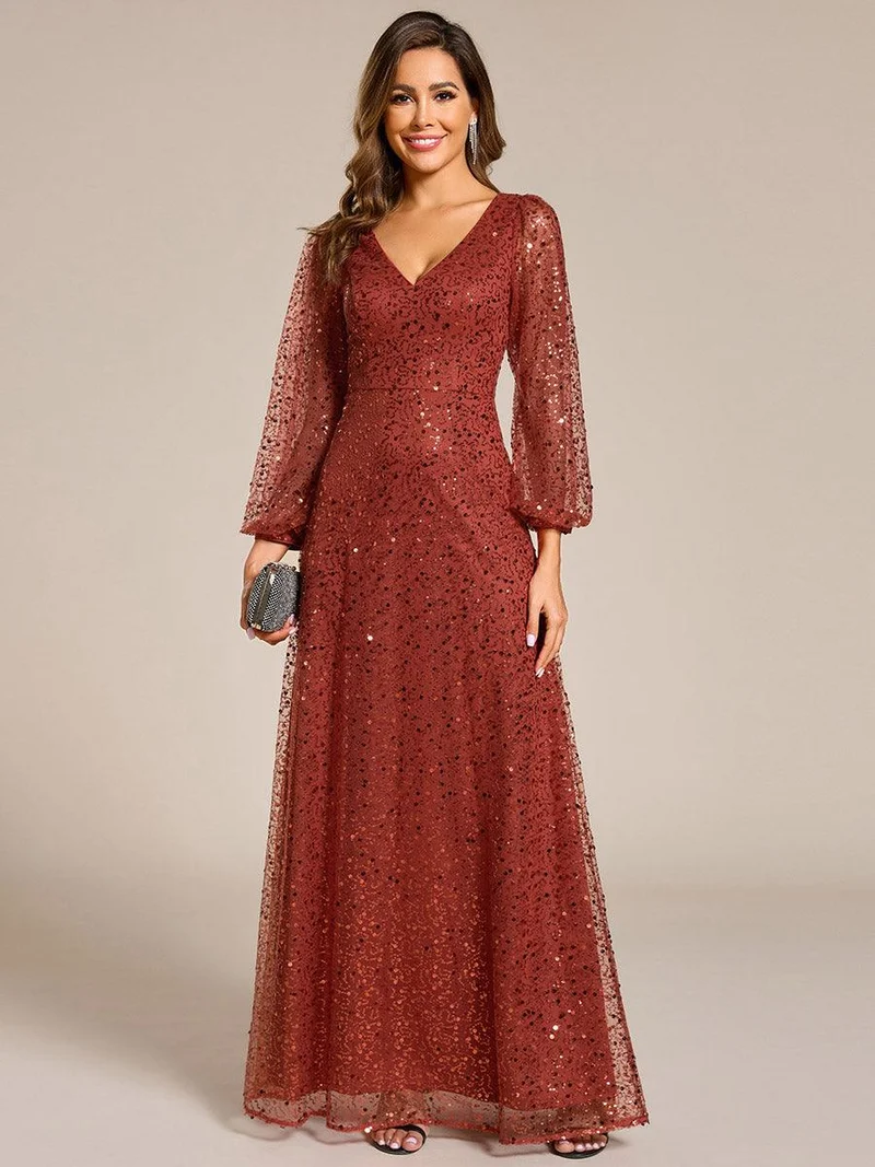 ever RAYVEN|Robe de soirée trapèze à paillettes col en V manches longues et paillettes