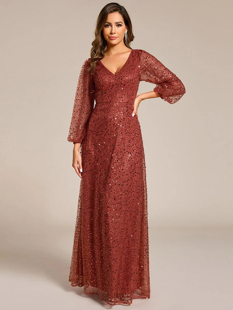 ever RAYVEN|Robe de soirée trapèze à paillettes col en V manches longues et paillettes
