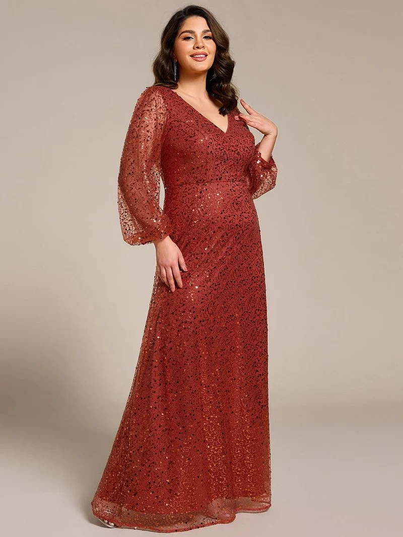 ever RAYVEN|Robe de soirée trapèze à paillettes col en V manches longues et paillettes