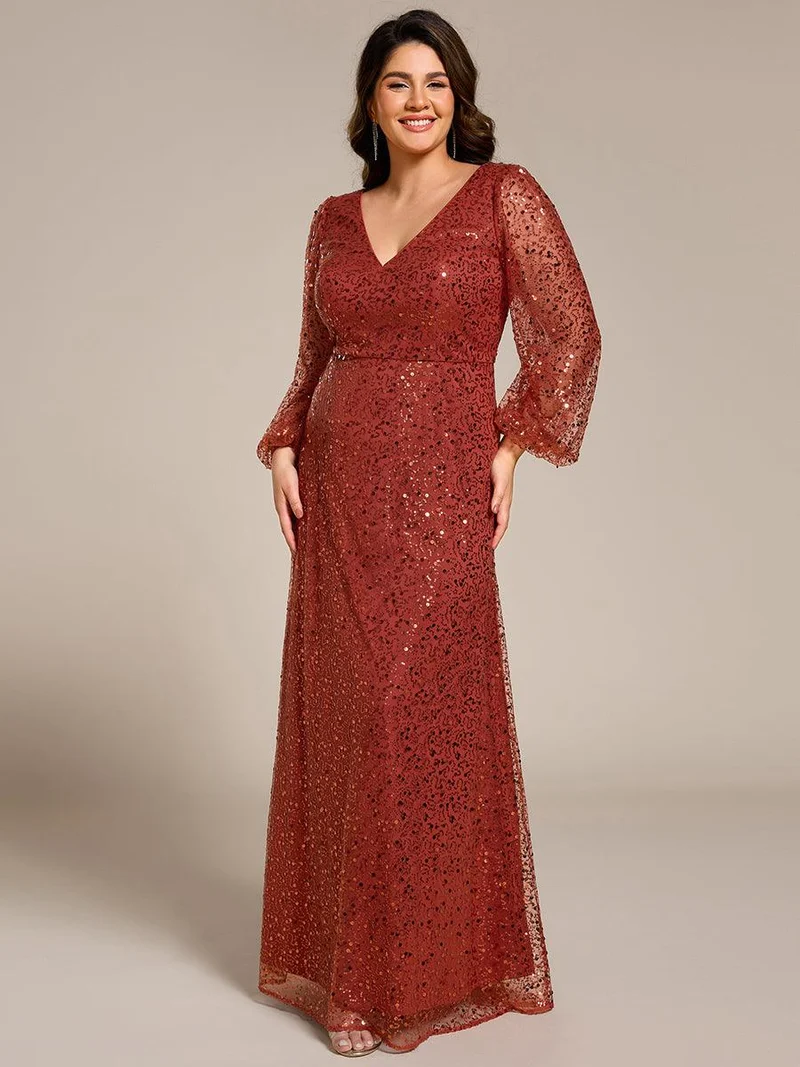 ever RAYVEN|Robe de soirée trapèze à paillettes col en V manches longues et paillettes