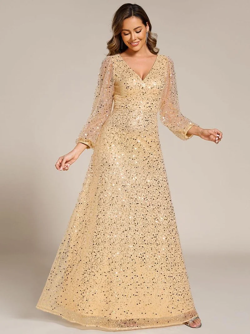 ever RAYVEN|Robe de soirée trapèze à paillettes col en V manches longues et paillettes