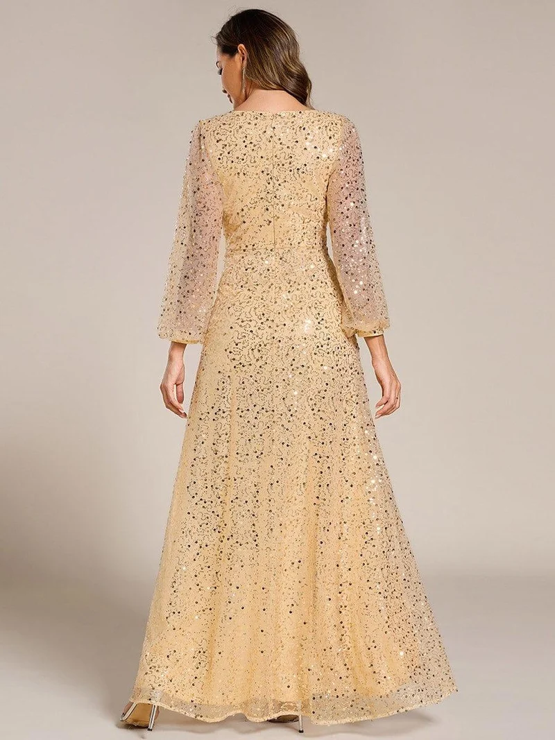ever RAYVEN|Robe de soirée trapèze à paillettes col en V manches longues et paillettes