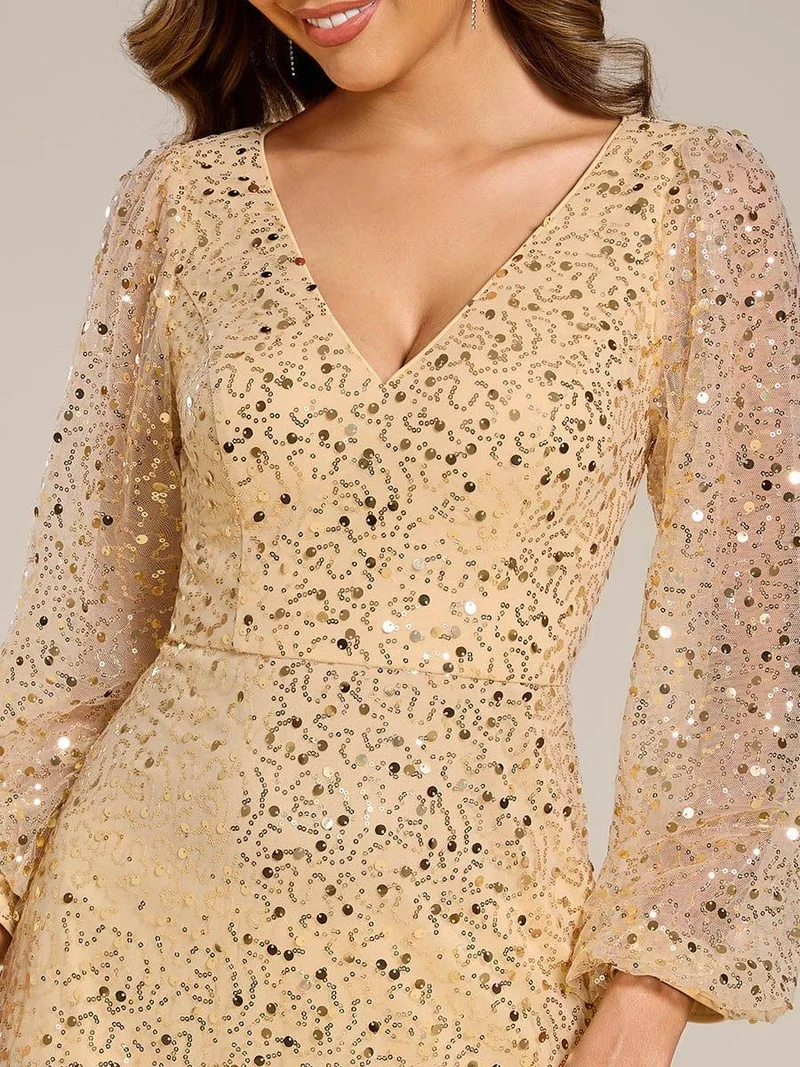 ever RAYVEN|Robe de soirée trapèze à paillettes col en V manches longues et paillettes